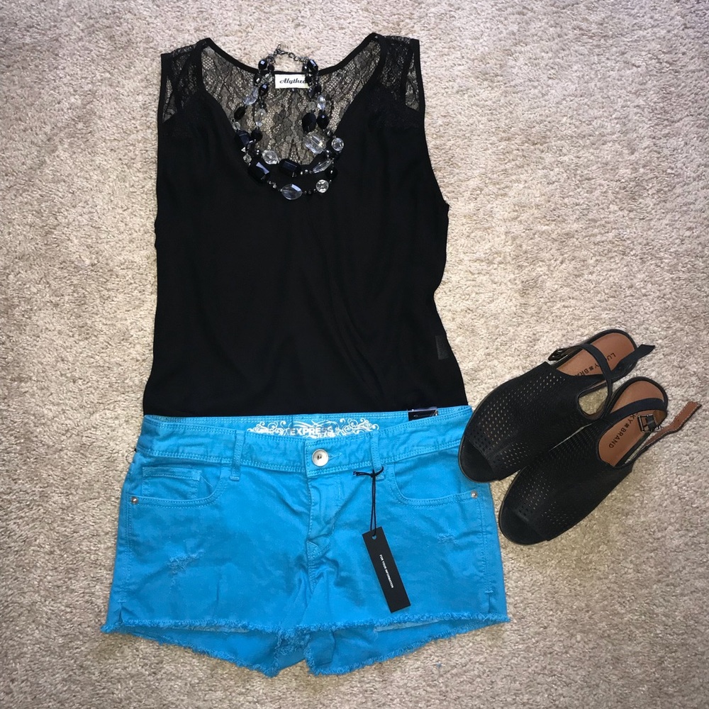 Express Electric Blue Jean Shorts w Fringe Bottoms